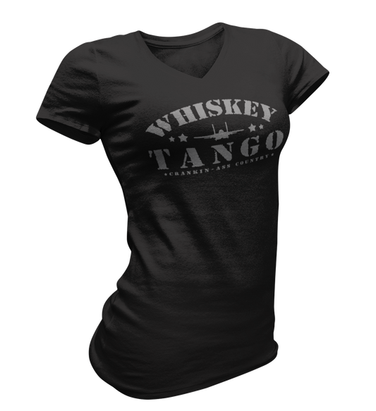 Womens Whiskey Tango V-neck Tee available in black and black heather