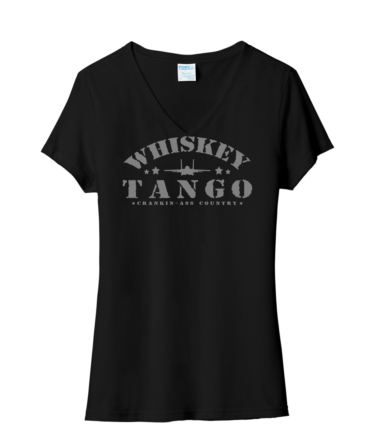 Womens Whiskey Tango V-neck Tee available in black and black heather