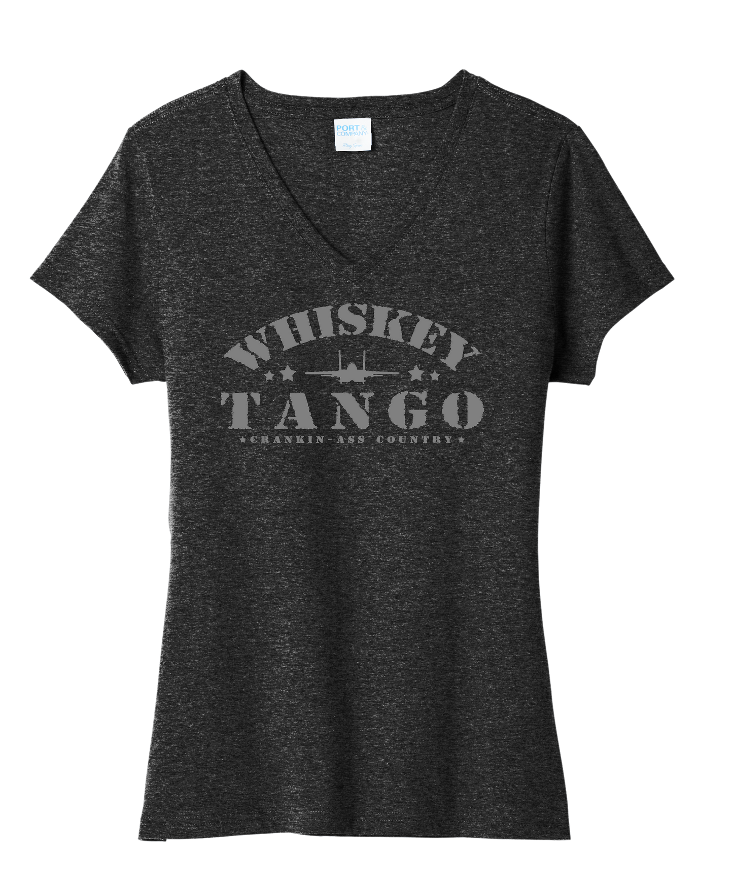 Womens Whiskey Tango V-neck Tee available in black and black heather