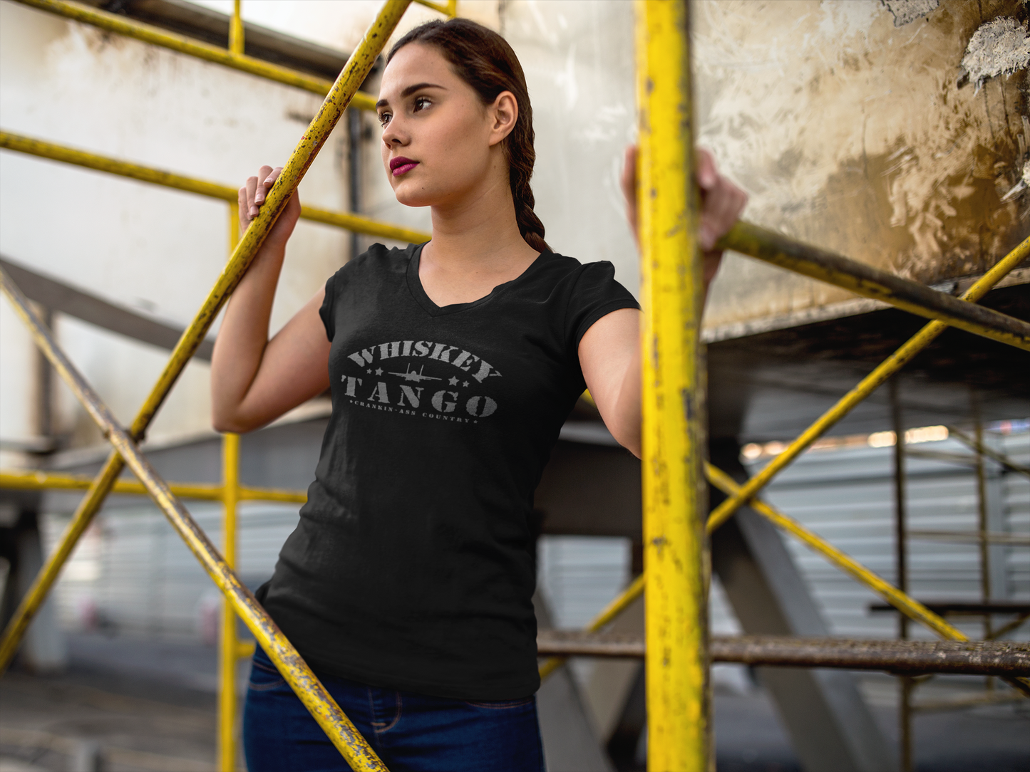 Womens Whiskey Tango V-neck Tee available in black and black heather