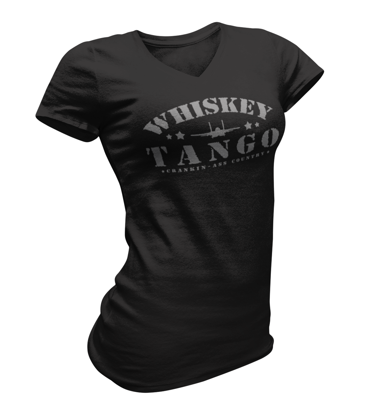 Womens Whiskey Tango V-neck Tee available in black and black heather